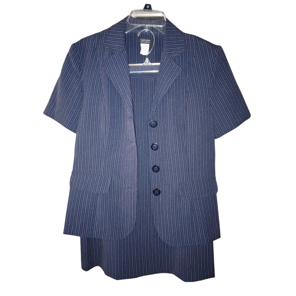 VTG Spago Pinstripe 2PC Skirt Set Short Slve. Navy White Business Girl Boss 10